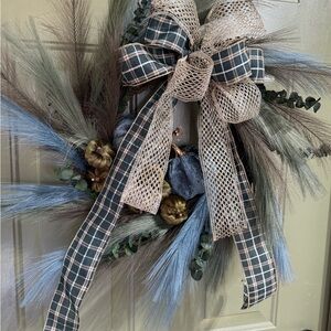 Dark Teal & Green Thanksgiving Wreath with Pumpkins, Eucalyptus & Plaid Bow
